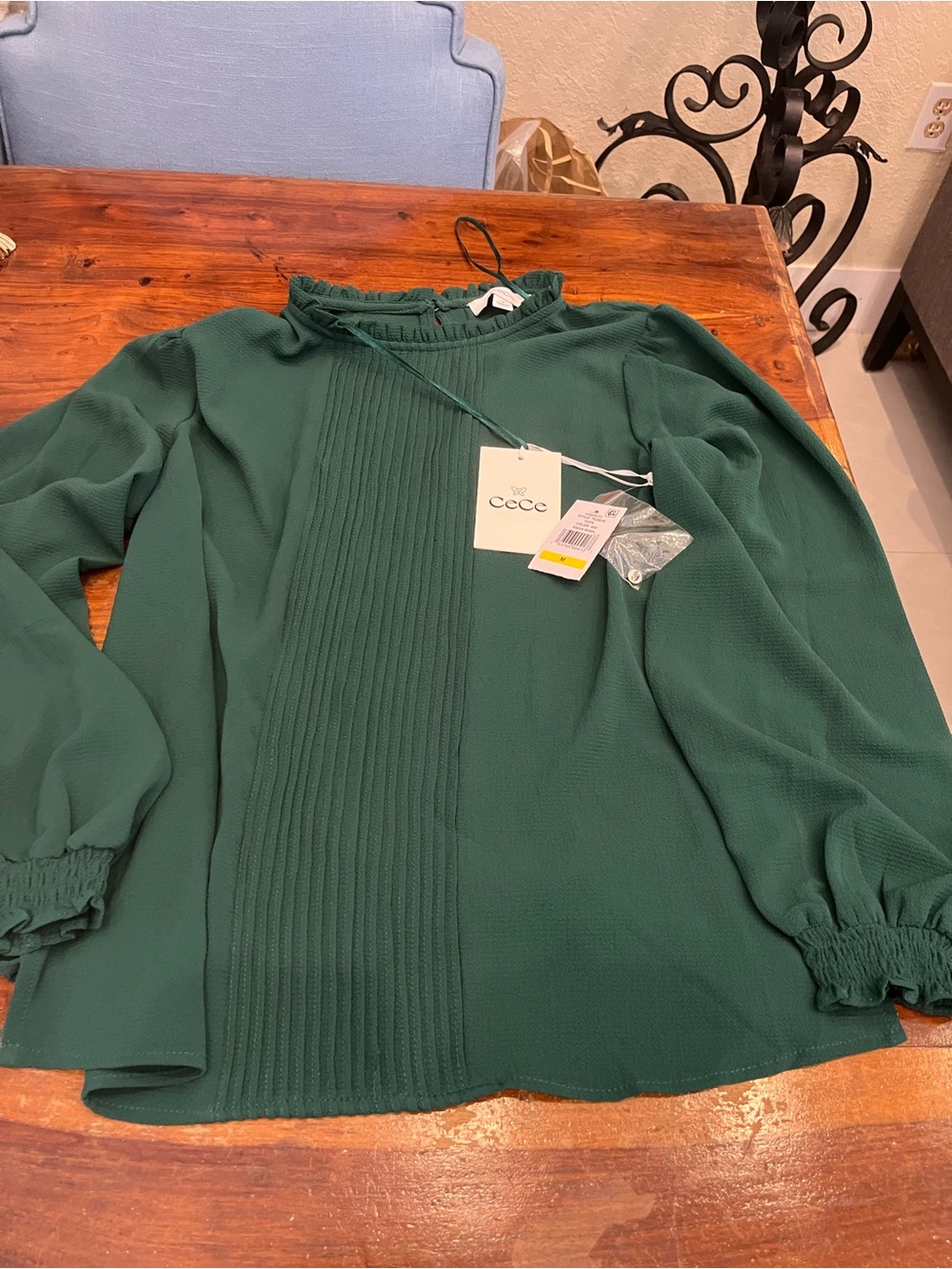 CeCe Deep Green Pintuck Ruffle Neck Blouse